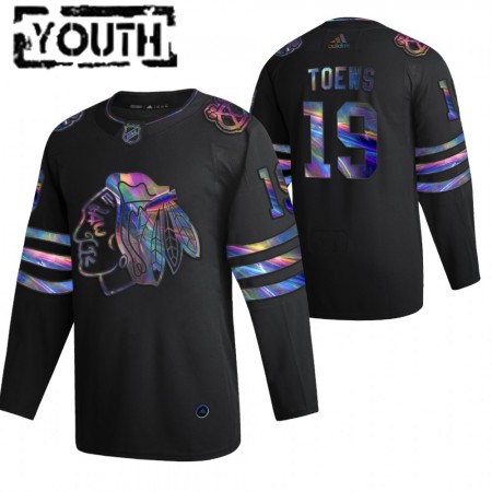 Chicago Blackhawks Jonathan Toews 19 2021-22 Iriserend holografisch Zwart Authentic Shirt - Kinderen